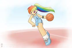 Size: 2362x1575 | Tagged: safe, artist:howxu, derpibooru import, rainbow dash, human, basketball, humanized, ponytail, solo