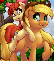 Size: 1600x1800 | Tagged: safe, artist:phurie, apple bloom, applejack, earth pony, pony, adorabloom, apple, apple tree, applejack's hat, bonding, bow, cowboy hat, cute, duo, female, filly, food, freckles, hair bow, happy, hat, jackabetes, looking at each other, mare, open mouth, ponies riding ponies, riding, sisters, smiling, tree