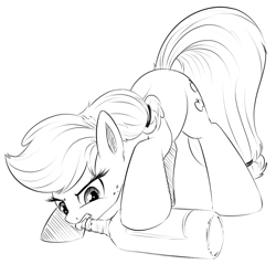 Size: 807x770 | Tagged: safe, artist:xioade, applejack, earth pony, pony, bottle, champagne, drawfag, monochrome, mouth hold, sketch, solo