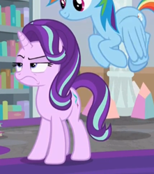 Size: 618x700 | Tagged: safe, screencap, rainbow dash, starlight glimmer, pegasus, pony, unicorn, school raze, cropped, female, flying, horn, mare, solo focus, standing, starlight is not amused, unamused, wings