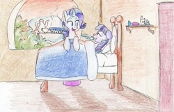 Size: 1257x812 | Tagged: safe, artist:goat train, derpibooru import, rarity, twilight sparkle, pony, unicorn, bed, bedroom, billow, bowl, cup, feeding, magic, room, sick, soup, spoon, tea, teacup, teapot, telekinesis, traditional art, tray