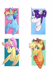 Size: 2403x3241 | Tagged: safe, artist:yomitai, derpibooru import, applejack, fluttershy, rainbow dash, rarity, earth pony, pegasus, pony, unicorn, alternate hairstyle, bust, female, hay stalk, high res, one eye closed, portrait, straw in mouth, wink