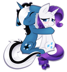 Size: 1524x1632 | Tagged: safe, artist:zmei-kira, rarity, oc, oc:strange nexus, pony, unicorn, blushing, canon x oc, female, hug, male, shipping, simple background, smiling, straight, transparent background