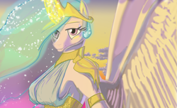 Size: 7425x4500 | Tagged: safe, artist:threewontoo, princess celestia, anthro, absurd resolution, armpits, breasts, clothes, female, looking at you, magic, praise the sun, sideboob, smiling, solo, spread wings