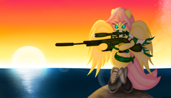 Size: 4000x2300 | Tagged: safe, artist:jcace, fluttershy, pegasus, pony, bipedal, cutie mark, female, gun, hooves, mare, optical sight, rifle, sniper, sniper rifle, solo, spread wings, sun, weapon, wings