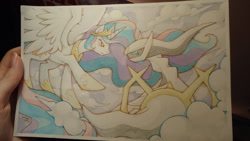 Size: 1100x619 | Tagged: artist needed, safe, princess celestia, alicorn, pony, arceus, crossover, offscreen character, pokémon, traditional art