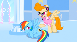 Size: 1099x597 | Tagged: safe, derpibooru import, screencap, lucy packard, rainbow dash, pegasus, pony, sonic rainboom (episode), cloudsdale, glasses, nervous, spread wings, wings