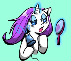 Size: 1024x884 | Tagged: safe, artist:asagi, rarity, pony, unicorn, bipedal, bust, eyeshadow, female, flowing mane, glowing horn, hair dryer, lidded eyes, magic, makeup, mirror, open mouth, simple background, solo, telekinesis