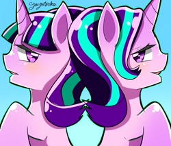 Size: 1099x935 | Tagged: safe, artist:yuyutsuka_0130, starlight glimmer, pony, unicorn, alternate hairstyle, female, gradient background, mare, signature, simple background, solo, wrong eye color