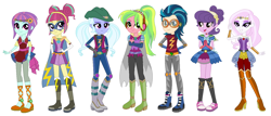 Size: 1396x600 | Tagged: safe, artist:karalovely, fleur-de-lis, indigo zap, lemon zest, sour sweet, sugarcoat, sunny flare, suri polomare, equestria girls, shadow five