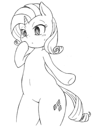 Size: 442x610 | Tagged: safe, artist:auntie_grub, rarity, pony, unicorn, belly button, grayscale, monochrome, simple background, solo