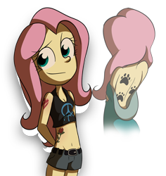 Size: 1092x1156 | Tagged: safe, artist:fj-c, fluttershy, equestria girls, back, belly button, breasts, cleavage, clothes, delicious flat chest, female, flattershy, humanized, midriff, pony coloring, shorts, smiling, solo, tattoo, undressing