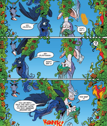Size: 687x807 | Tagged: safe, artist:andypriceart, idw, philomena, princess celestia, princess luna, tiberius, alicorn, pony, spoiler:comic, spoiler:comic27, angry, bad pun, celestia is not amused, eyes closed, frown, idw advertisement, luna is friggen useless, open mouth, power levels are bullshit, pun, scroll, smiling, swinging, this will end in tears and/or a journey to the moon, tied up, unamused, upside down, uselesstia, vine