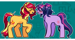 Size: 920x495 | Tagged: safe, artist:milky-rabbit, sci-twi, sunset shimmer, twilight sparkle, earth pony, pony, unicorn, blushing, commission, cute, earth pony sci-twi, equestria girls ponified, eyes closed, female, lesbian, ponified, raised hoof, scitwishimmer, shimmerbetes, shipping, sunsetsparkle, twiabetes