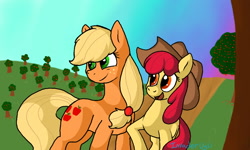 Size: 800x480 | Tagged: safe, artist:invaderugli, apple bloom, applejack, earth pony, pony, apple, hat, sweet apple acres, tree