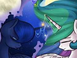 Size: 1024x768 | Tagged: safe, artist:nika-rain, princess celestia, princess luna, alicorn, pony, eyes closed, horn jewelry, jewelry