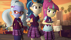 Size: 3840x2160 | Tagged: safe, artist:bastbrushie, artist:vbastv, indigo zap, sour sweet, sugarcoat, equestria girls, friendship games, bowtie, car, city, clothes, crossover, crystal prep academy, crystal prep academy uniform, crystal prep shadowbolts, destruction, ear piercing, female, fire, freckles, glasses, goggles, grand theft auto, gta online, gta v, gun, los angeles, los santos, m416, micro uzi, mp5, palm tree, piercing, rockstar games, school uniform, skirt, tree, trio, uzi, vinewood, wallpaper, weapon