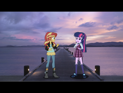 Size: 2048x1536 | Tagged: safe, artist:anhel032015, sci-twi, sunset shimmer, twilight sparkle, equestria girls, base used, clothes, cloud, cloudy, crying, crystal prep academy uniform, equestria girls in real life, female, irl, lesbian, looking at each other, mountain, mountain range, ocean, photo, pier, sad, school uniform, scitwishimmer, shipping, sunset, sunsetsparkle