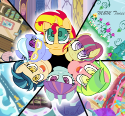Size: 2888x2696 | Tagged: safe, artist:mymtwiceofficial, indigo zap, lemon zest, sour sweet, sugarcoat, sunny flare, sunset shimmer, pony, unicorn, equestria girls, adoraflare, cute, from above, glasses, looking at you, looking up, open mouth, ponified, shadow five, shimmerbetes, smiling, smirk, sourbetes, sugarcute, zapabetes, zestabetes