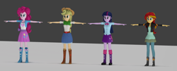 Size: 3562x1434 | Tagged: safe, artist:sindroom, applejack, pinkie pie, sunset shimmer, twilight sparkle, equestria girls, 3d, 3d model, source filmmaker, t pose, wip