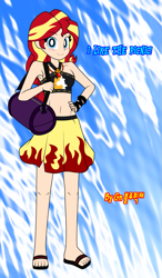 Size: 745x1280 | Tagged: safe, artist:bluepicture070881, sunset shimmer, better together, equestria girls, forgotten friendship, armpits, beach, belly button, blushing, clothes, cute, fiery shimmer, human coloration, midriff, moe, sandals, shimmerbetes, skirt, top