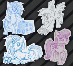 Size: 892x803 | Tagged: safe, artist:sewyouplushiethings, derpy hooves, dj pon-3, octavia melody, vinyl scratch, earth pony, pegasus, pony, female, mailmare, mare, sketch, speakers