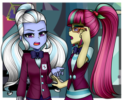 Size: 1138x924 | Tagged: safe, artist:nekojackun, edit, sour sweet, sugarcoat, equestria girls, friendship games, bowtie, clothes, cropped, crystal prep academy uniform, crystal prep shadowbolts, duo, duo female, female, freckles, glasses, looking at you, open mouth, ponytail, school uniform, vest