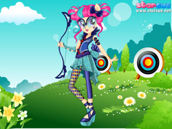 Size: 800x600 | Tagged: safe, artist:user15432, sour sweet, human, equestria girls, friendship games, archer, archery, arrow, bow, bow (weapon), bow and arrow, clothes, dressup game, flower, glasses, goggles, ponied up, shoes, sporty style, starsue, target, weapon