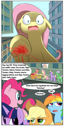 Size: 1050x2050 | Tagged: safe, artist:khorme, derpibooru import, applejack, fluttershy, pinkie pie, rainbow dash, twilight sparkle, earth pony, pegasus, pony, illusion, ketchup, not what it looks like, pulp fiction, trauma, underhoof