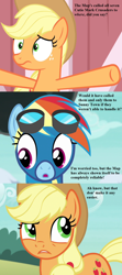 Size: 840x1890 | Tagged: safe, derpibooru import, edit, edited screencap, screencap, applejack, rainbow dash, earth pony, pegasus, pony, newbie dash, pinkie pride, simple ways, applejack's hat, barn, clothes, cloud, cowboy hat, cropped, goggles, hat, implied apple bloom, implied babs, implied cmc, implied gabby, implied scootaloo, implied sweetie belle, story of the blanks, this will end in tears and/or death and/or covered in tree sap, uniform, wonderbolts uniform, worried