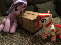 Size: 1200x900 | Tagged: safe, artist:nekokevin, starlight glimmer, oc, oc:poniko, earth pony, pony, unicorn, series:nekokevin's glimmy, box, clothes, duo, female, irl, mare, photo, pillow, plushie, sitting, size difference, smiling, socks, striped socks