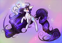 Size: 1024x724 | Tagged: safe, artist:wilvarin-liadon, opalescence, rarity, cat, pony, unicorn, abstract background, chest fluff, cute, duo, ear fluff, floating, glowing horn, impossibly large mane, impossibly long tail, leg fluff