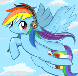 Size: 1836x1801 | Tagged: safe, artist:timorikawa, derpibooru import, rainbow dash, pegasus, pony, headphones, pixiv, solo