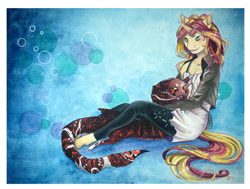 Size: 900x679 | Tagged: safe, artist:chasingthesilverstag, sunset shimmer, anthro, unguligrade anthro, unicorn, clothes, female, land shark, mare, pet, sitting