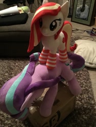 Size: 900x1200 | Tagged: safe, artist:nekokevin, starlight glimmer, oc, oc:poniko, earth pony, pony, unicorn, series:nekokevin's glimmy, box, clothes, female, irl, mare, photo, plushie, ponies riding ponies, smiling, socks, striped socks