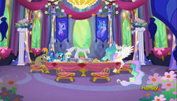 Size: 2455x1401 | Tagged: safe, screencap, cranky doodle donkey, derpy hooves, dj pon-3, princess celestia, vinyl scratch, alicorn, bird, donkey, pegasus, pony, no second prances, discovery family logo, donald chirp, female, ice sculpture, mare, twilight's castle