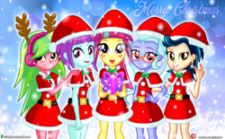 Size: 2000x1236 | Tagged: safe, artist:dieart77, indigo zap, lemon zest, sour sweet, sugarcoat, sunny flare, equestria girls, christmas, clothes, costume, female, glasses, hat, holiday, looking at you, santa costume, santa hat, shadow five, snow