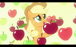 Size: 1680x1050 | Tagged: safe, screencap, applejack, earth pony, pony, bats!, apple, apple rain, eyes, falling, solo, that pony sure does love apples