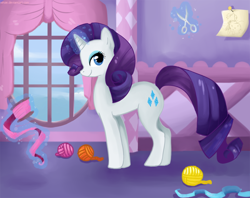 Size: 904x715 | Tagged: safe, artist:taskuli, rarity, pony, unicorn, looking at you, magic, profile, ribbon, scissors, smiling, solo, telekinesis, window, yarn