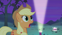 Size: 1280x720 | Tagged: safe, screencap, applejack, earth pony, pony, bats!, flashlight (object), hub logo, hubble, light, night, reaction, shocked, solo, tree