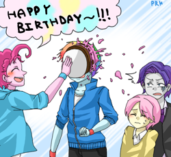 Size: 600x550 | Tagged: safe, artist:prk, derpibooru import, bubble berry, butterscotch, elusive, fluttershy, pinkie pie, rainbow blitz, rainbow dash, rarity, equestria girls, cake, equestria guys, happy birthday, male, pixiv, rule 63