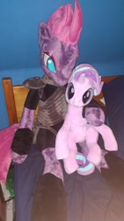 Size: 675x1200 | Tagged: safe, artist:nekokevin, starlight glimmer, tempest shadow, pony, unicorn, series:nekokevin's glimmy, anthro plushie, armor, bed, broken horn, duo, eye scar, female, hug, irl, looking at you, mare, photo, plushie, scar, size difference, smiling