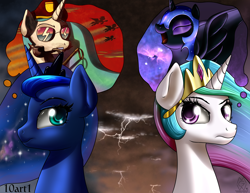 Size: 3300x2550 | Tagged: safe, artist:10art1, artist:mykegreywolf, nightmare moon, princess celestia, princess luna, alicorn, pony, evil celestia, sad, tyrant celestia