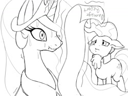 Size: 1280x965 | Tagged: safe, artist:vulapa, mayor mare, princess celestia, alicorn, pony, floppy ears, monochrome, scrunchy face, sketch, sweat, wide eyes