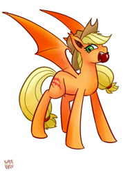 Size: 600x800 | Tagged: safe, artist:norang94, applejack, bat pony, pony, apple, applebat, bat ponified, fangs, mouth hold, race swap, simple background, solo