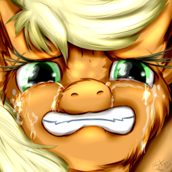 Size: 768x768 | Tagged: safe, artist:frist44, applejack, earth pony, pony, blonde, crying, emotional, eyes, face, gritted teeth, mouth, nose, sad, sadness, solo, teeth