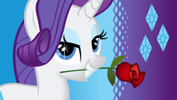 Size: 1920x1080 | Tagged: safe, artist:doctor-g, rarity, pony, unicorn, bedroom eyes, cutie mark, mouth hold, rose, simple background, vector, wallpaper