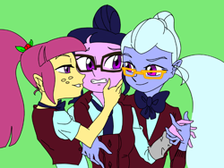 Size: 802x602 | Tagged: safe, artist:dadss_rootbeer, sci-twi, sour sweet, sugarcoat, twilight sparkle, equestria girls, bedroom eyes, clothes, crystal prep academy uniform, female, glasses, green background, holding hands, lesbian, school uniform, shadowbolts, shipping, side hug, simple background, sourlight, sugartwi