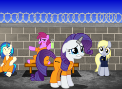 Size: 2160x1570 | Tagged: safe, artist:spellboundcanvas, berry punch, berryshine, derpy hooves, dj pon-3, rarity, vinyl scratch, pegasus, pony, unicorn, bad end, clothes, female, horn cap, magic suppression, mare, orange is the new black, prison, prison outfit, prisoner, sad