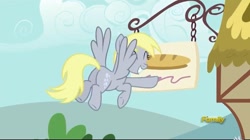 Size: 960x539 | Tagged: safe, screencap, derpy hooves, pegasus, pony, no second prances, discovery family logo, female, flying, mare, plot, this will end in pain